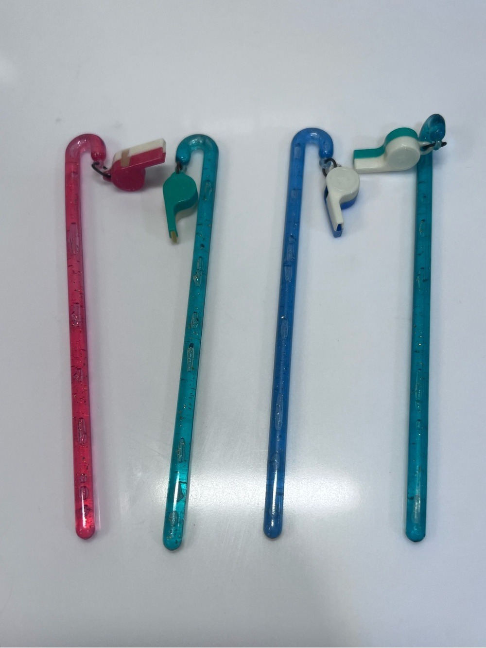 Set of 4 Vintage 1950's Plastic Whistle Swizzel Sticks / Colorful Stirrers